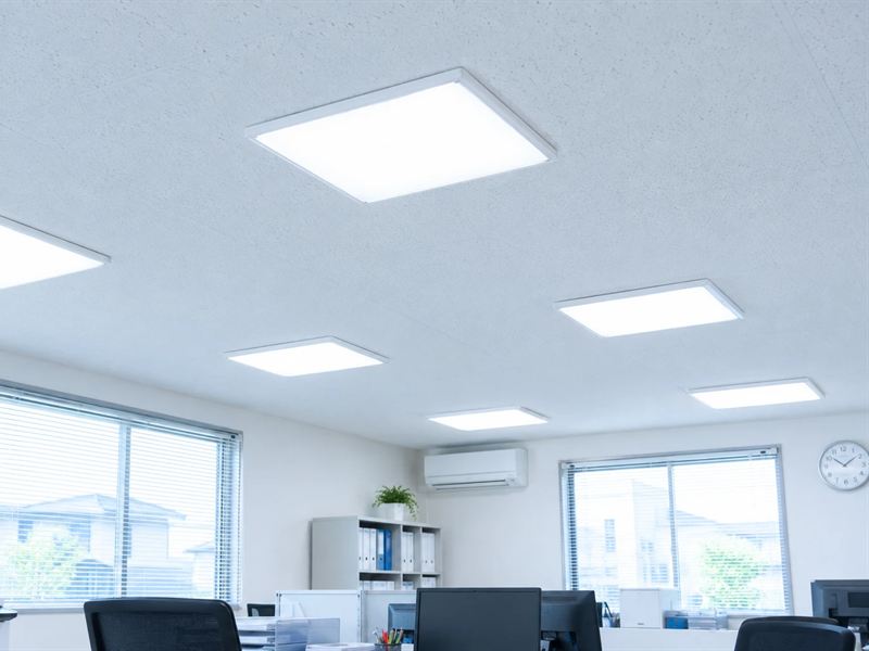 事務所の天井に並ぶ平らなLED照明