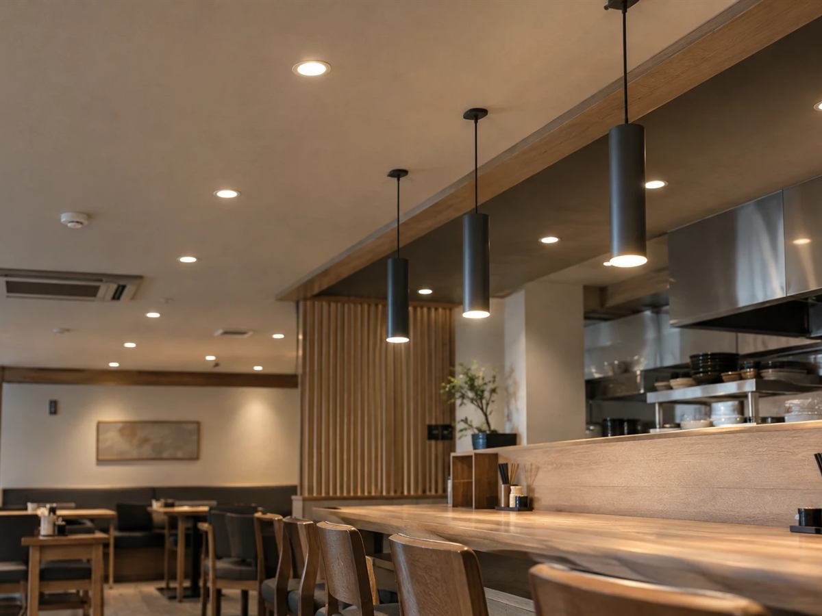 LEDのダウンライトとペンダント照明に入れ替えた飲食店の天井とカウンター席