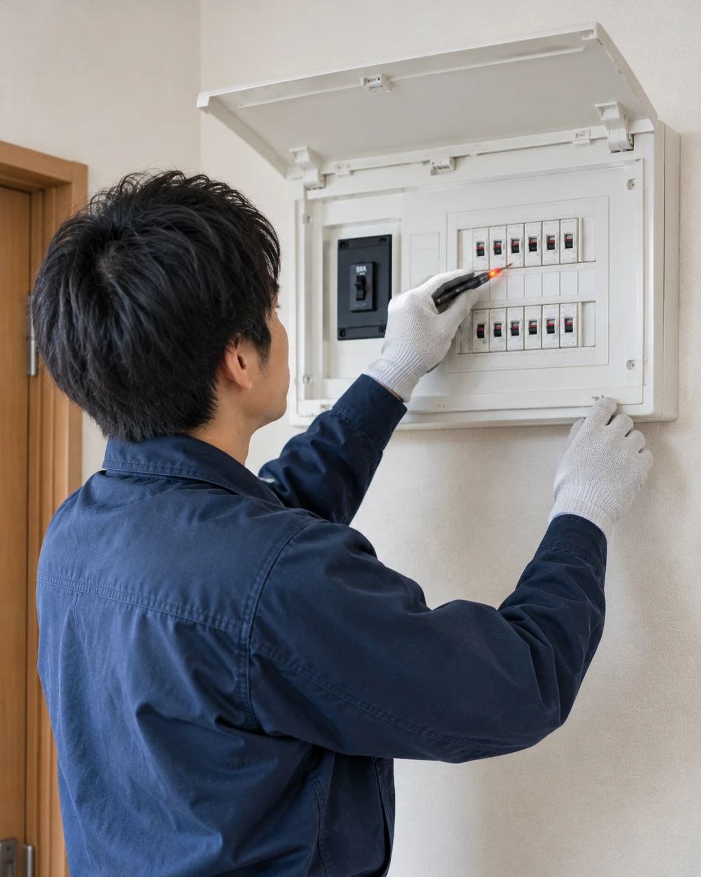 手袋をして、検電器で分電盤に電気が来ていないか確かめる電気工事士