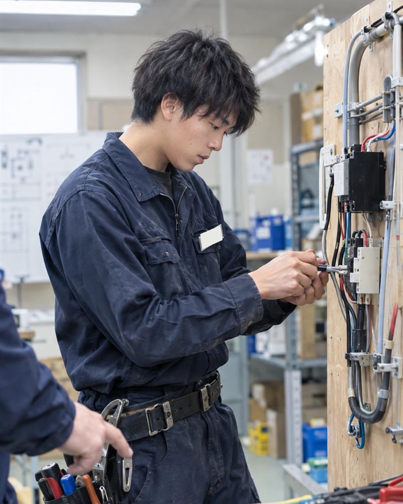 会社の作業場で、練習用の盤に配線する若手社員