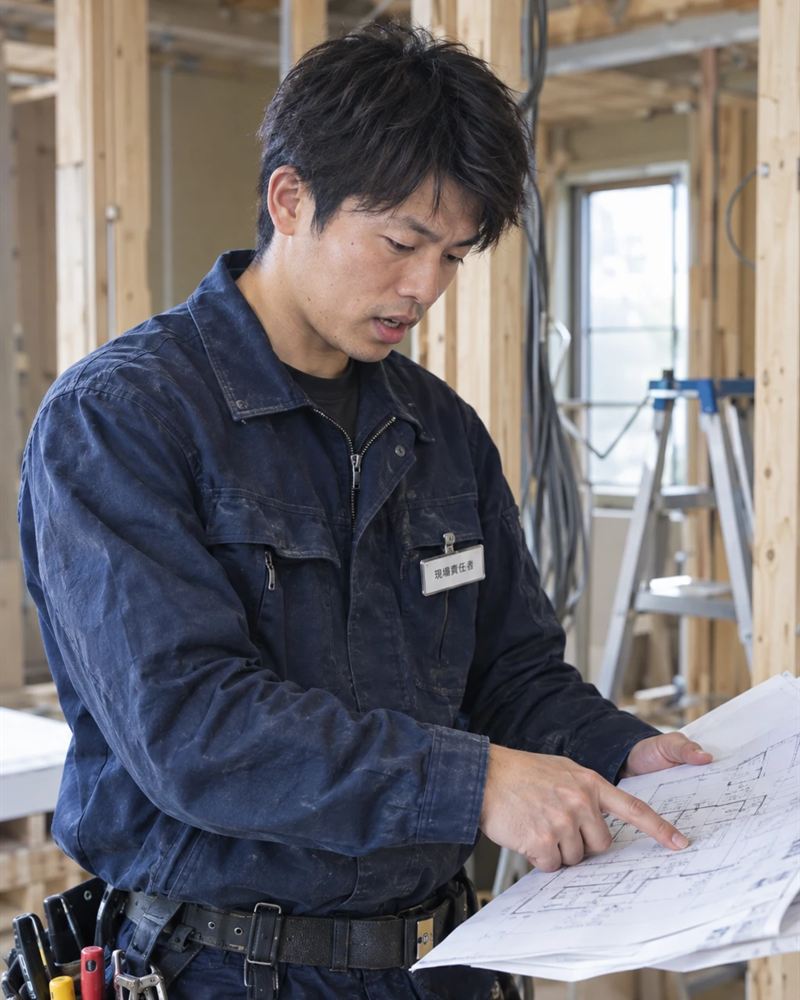 新築住宅の配線工事の現場で、図面を指さして確認する現場責任者